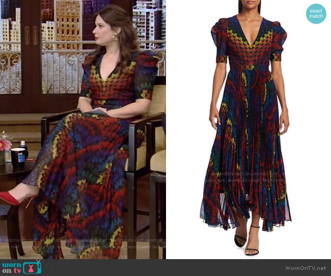 Haven Pleated Puff-Sleeve Dress by Alice + Olivia worn by Katie Lowes on Live with Kelly and Ryan