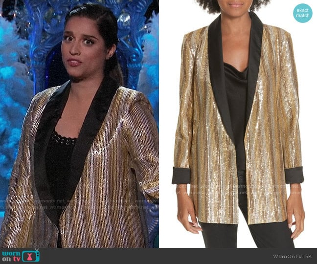 Lilly Singh’s gold striped blazer on A Little Late with Lilly Singh