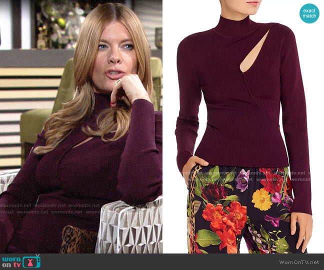 Alice + Olivia Sophie Cutout Turtleneck Top worn by Phyllis Summers (Michelle Stafford) on The Young and the Restless