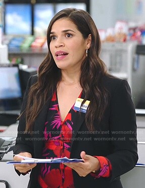 Amy's pink and red floral v-neck top on Superstore