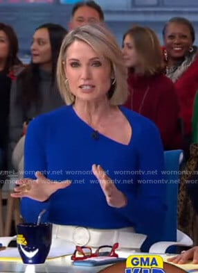 Amy’s blue asymmetric top and white pants on Good Morning America