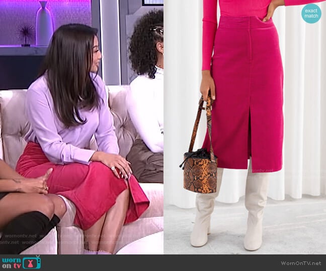 Corduroy Front Split Midi Skirt by & Other Stories worn by Jeannie Mai on The Real