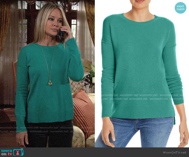 Aqua High/Low Cashmere Sweater worn by Sharon Newman (Sharon Case) on The Young and the Restless