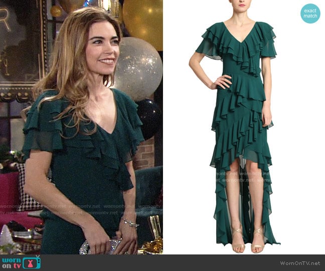 Badgley Mischka V-neck Flutter Ruffle Gown worn by Victoria Newman (Amelia Heinle) on The Young and the Restless