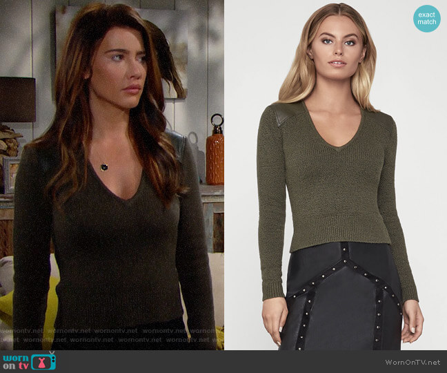 Bcbgmaxazria Pleather Trim Sweater worn by Steffy Forrester (Jacqueline MacInnes Wood) on The Bold and the Beautiful