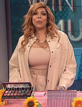 Wendy’s beige leather shirt and marbled skirt on The Wendy Williams Show