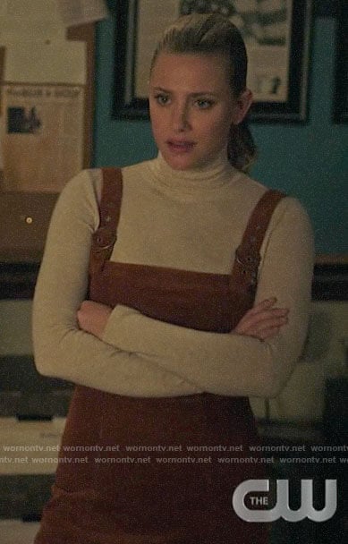 Betty’s corduroy overall dress and mock neck top on Riverdale