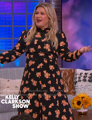 Kelly's black asymmetric floral dress on The Kelly Clarkson Show