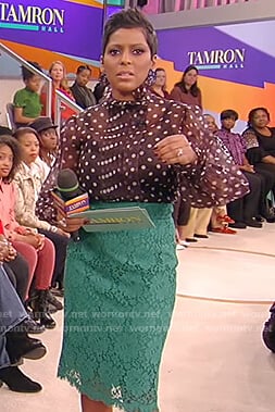 Tamron’s black polka dot blouse with lace skirt on Tamron Hall Show