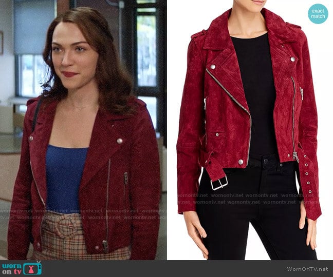 Blank NYC Suede Moto Jacket in Rich Berry worn by Cara Bloom (Violett Beane) on God Friended Me