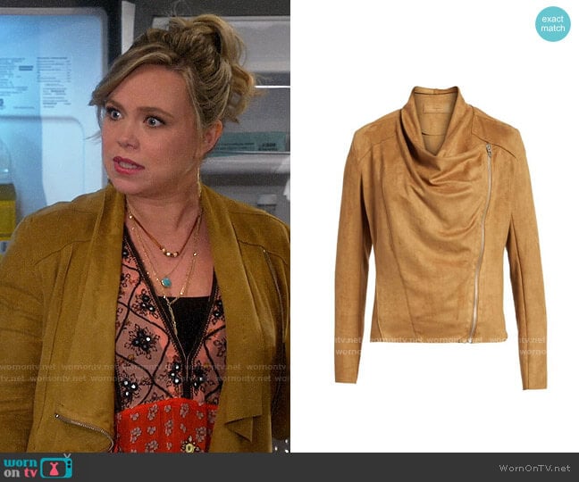 Blank NYC Camel Faux Suede Drape Front Jacket worn by Kristin Baxter (Amanda Fuller) on Last Man Standing