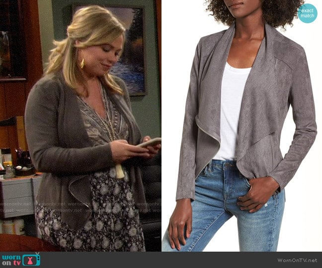 Blank NYC Faux Suede Drape Front Jacket worn by Kristin Baxter (Amanda Fuller) on Last Man Standing