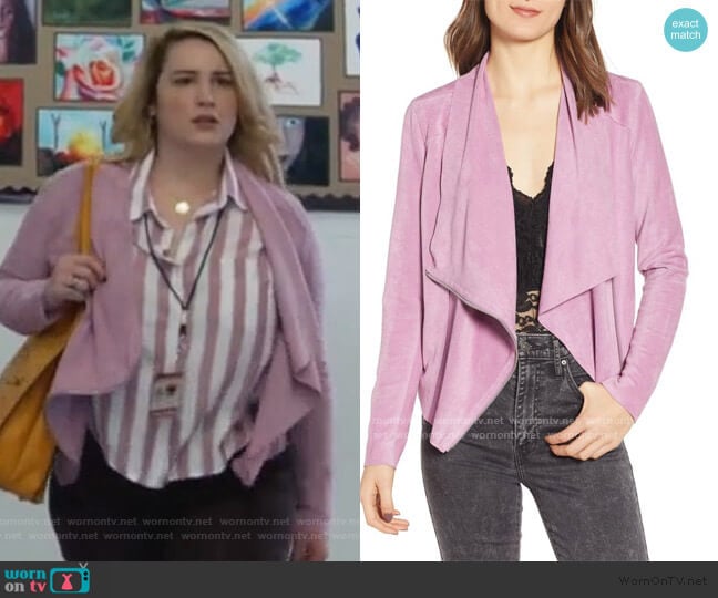 Faux Suede Drape Front Jacket by BlankNYC worn by Davia (Emma Hunton) on Good Trouble