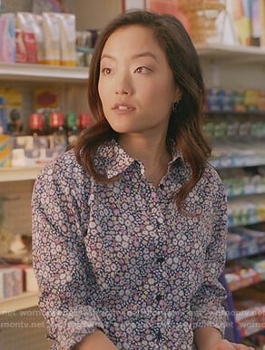 Janet's blue floral button front blouse on Kims Convenience