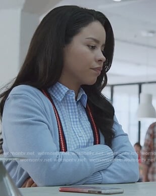 Mariana’s blue cardigan and check blouse on Good Trouble