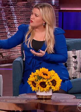 Kelly's blue wrap puff shoulder dress on The Kelly Clarkson Show