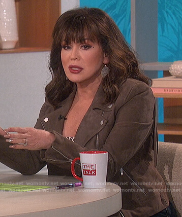 Marie’s brown suede moto jacket with fringe on The Talk