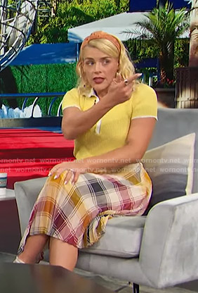 Busy Philipps's yellow polo top and plaid skirt on Access Hollywood