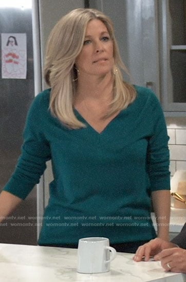 Carly’s teal green v-neck sweater on General Hospital