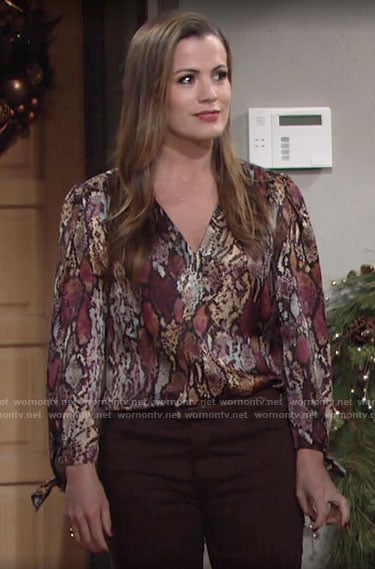 Chelsea’s snake print v-neck blouse on The Young and the Restless