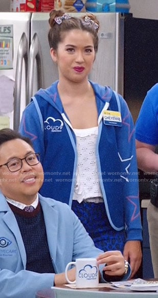 Cheyenne's blue star print hoodie and leopard jeans on Superstore