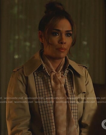 Cristal's beige checked trench coat on Dynasty