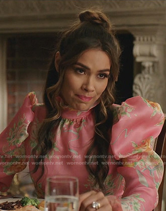 Cristal's pink floral puff sleeve dress on Dynasty