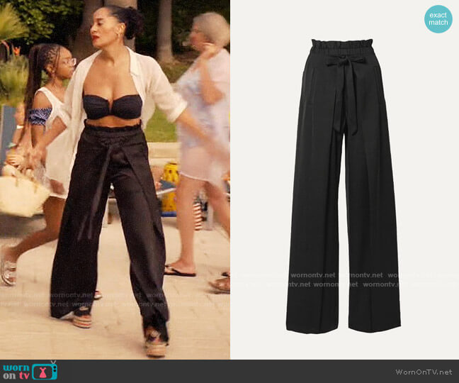 Cult Gaia Naomi tie-front satin wide-leg pants worn by Rainbow Johnson (Tracee Ellis Ross) on Black-ish