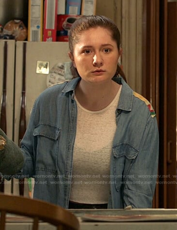 Debbie’s embroidered-shoulder chambray shirt on Shameless