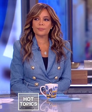 Sunny’s denim double breasted belted blazer on The View