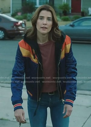 Dex's blue and yellow bomber jacket on Stumptown