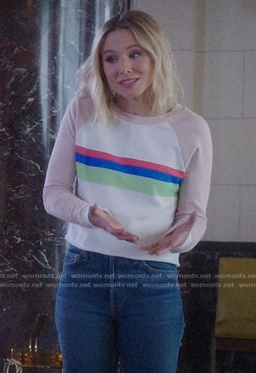 Eleanor's striped sweatshirt with pink sleeves on The Good Place