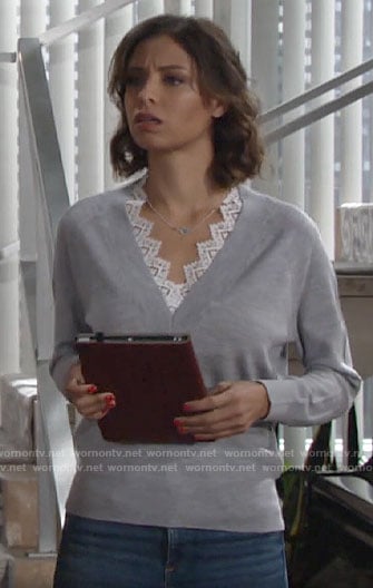 Elena’s grey lace-trim v-neck sweater on The Young and the Restless