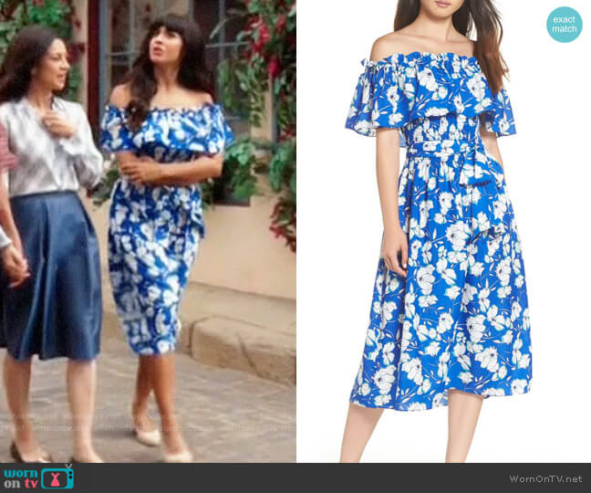 Tahani’s blue floral off-shoulder dress on The Good Place