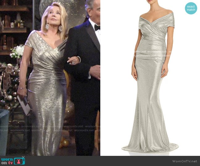 Eliza J Metallic Off-the-Shoulder Gown worn by Nikki Reed Newman (Melody Thomas-Scott) on The Young and the Restless