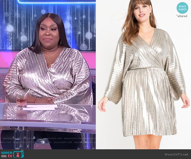 Pleated Metallic Wrap Dress by Eloquii worn by Loni Love on The Real