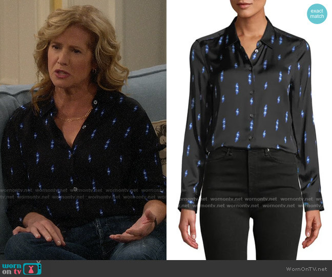 Equipment Essential Silk Shirt in Black/Hyper Blue worn by Vanessa Baxter (Nancy Travis) on Last Man Standing