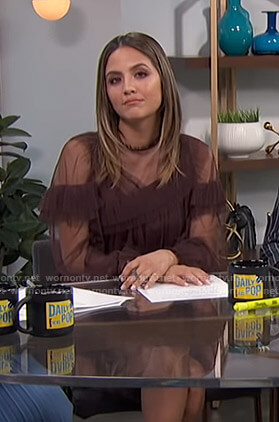 Erin’s brown ruffled sheer dress on E! News Daily Pop