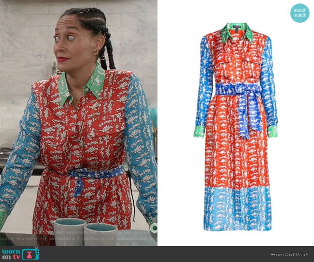 Escada Dsehra Colorblock Silk Printed Shirtdress worn by Rainbow Johnson (Tracee Ellis Ross) on Black-ish