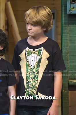 Finn's black camo tuxedo print tee on Bunkd