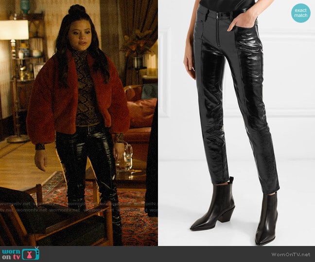 Frame Slick cropped patent-leather high-rise slim-leg pants worn by Maggie Vera (Sarah Jeffery) on Charmed