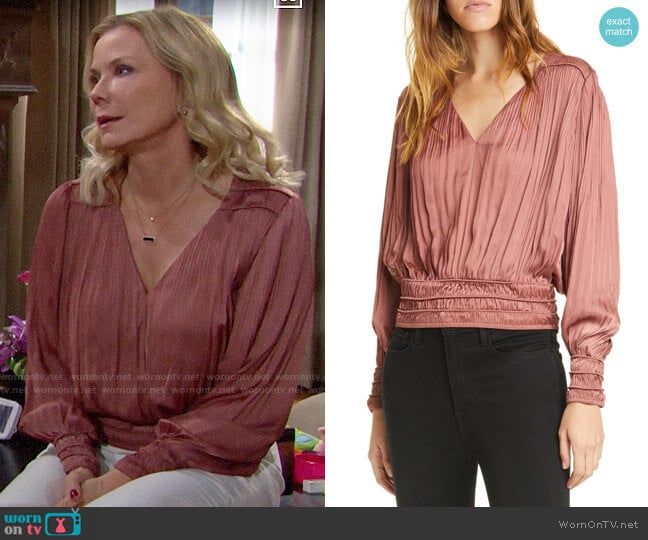 Frame Rosewood V-Neck Pleated Top worn by Brooke Logan (Katherine Kelly Lang) on The Bold and the Beautiful