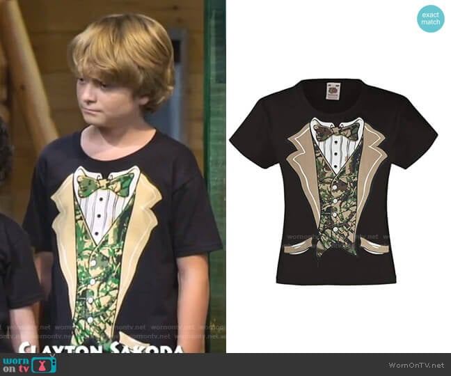 Camo Tuxedo with Bowtie T-Shirt by Fresh Tees  worn by Finn Sawyer (Will Buie Jr) on Bunkd