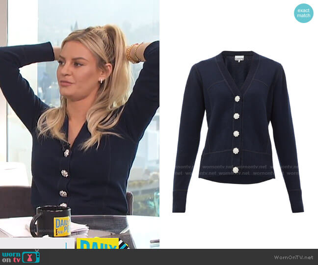 Embellished Cashmere Cardigan by Ganni worn by Morgan Stewart on E! News