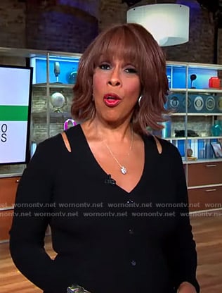 Gayle’s black cutout shoulder knit dress on CBS This Morning