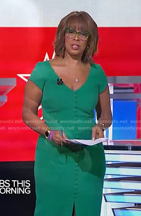 Gayle’s green button front dress on CBS Mornings