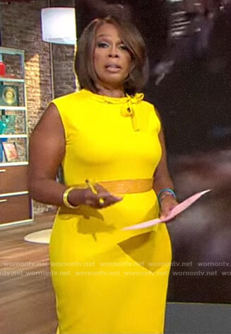 Gayle’s yellow tie neck dress on CBS This Morning