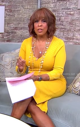 Gayle’s yellow ribbed v-neck dress on CBS Mornings