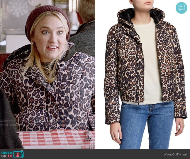 Generation Love Liam Hooded Leopard-Print Puffer Jacket worn by Roxy Doyle (Emily Osment) on Almost Family