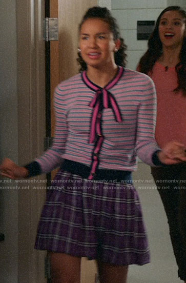 Gina’s pink striped tie neck cardigan on High School Musical The Musical The Series